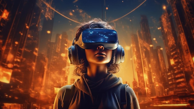 Zestaw słuchawkowy Vr z podwójną ekspozycją metaverse futurystyczny wirtualny świat technologii stanu świadomości