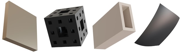 Zestaw stylowych geometrycznych kształtów 3d izolowanych na białym tle Czarne beżowe kolory metalicznej powierzchni Modne elementy projektu Wytnij obiekty Renderowanie 3D