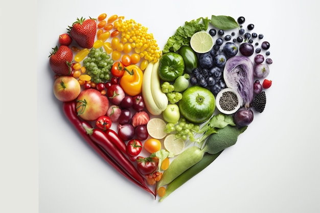 Zestaw surowych zdrowych warzyw i owoców studio wyizolowanych w kształcie serca wygenerowanego przez Ai