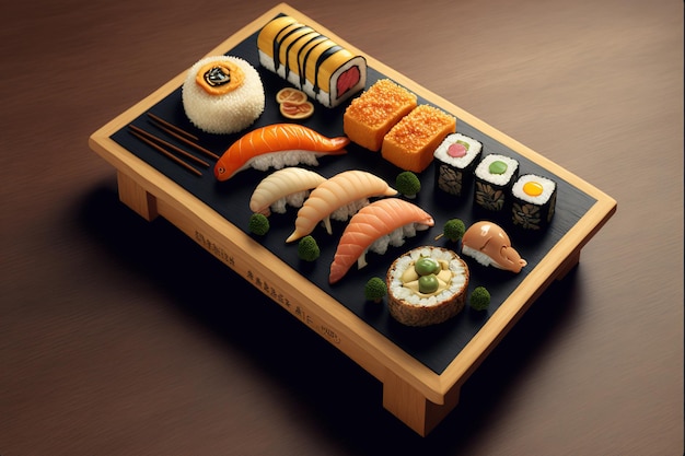 Zestaw sushi i drewniana deska z rolkami sushi