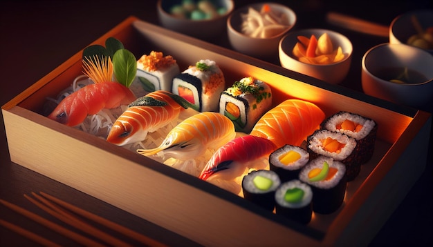 Zestaw sushi w pudełku na ciemnym tle Drewniane pudełko z różnymi sushi na nim Przeznaczone do walki radioelektronicznej