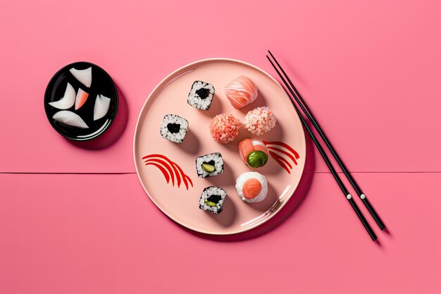 Zestaw sushi w talerzu na różowym tle Jedzenie na Walentynki Ilustracja AI Generative