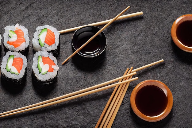 Zestaw sushi z czerwoną rybą i tradycyjnymi japońskimi paluszkami