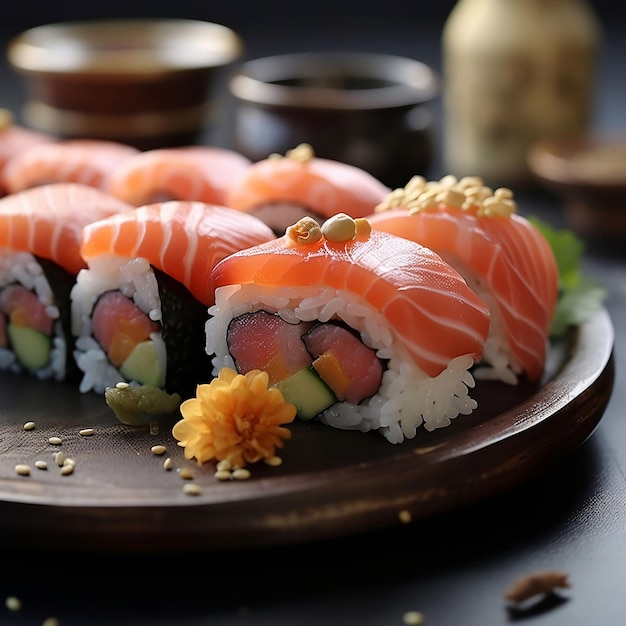 Zestaw sushi z łososiem, krewetkami, awokado, wasabi, imbirem, wasabi i sosem sojowym