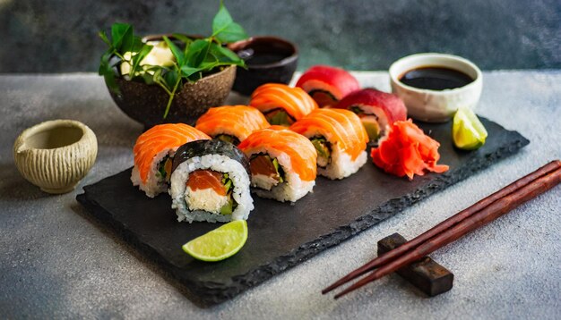 Zdjęcie zestaw sushi z różnorodnymi sashimi i rolkami sushi elegancko ułożonymi na eleganckim kamiennym łupku epi