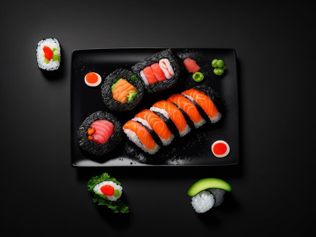 Zdjęcie zestaw sushi z różnymi bułkami na czarnym talerzu na czarnym tle widok z góry ai generatywny
