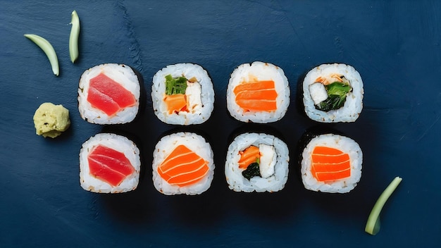 Zestaw sushi z tuńczykiem, łososiem, warzywami, imbirem, wasabi, widok boczny