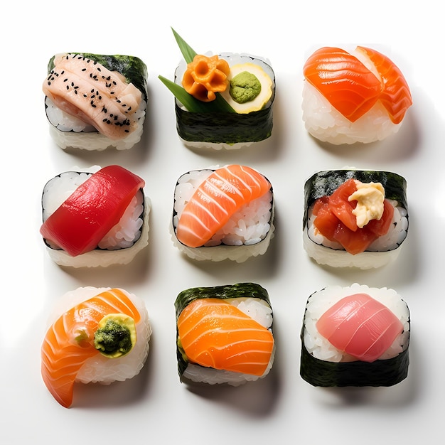 Zestaw sushi zawierający asortyment nigiri sashimi i bułek maki, prezentujący różnorodność