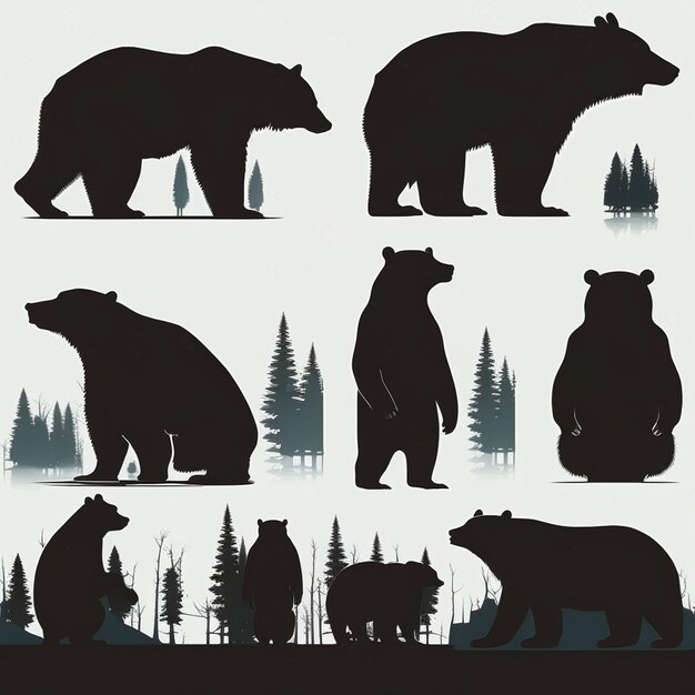 Zdjęcie zestaw sylwetek niedźwiedzi na białym tle