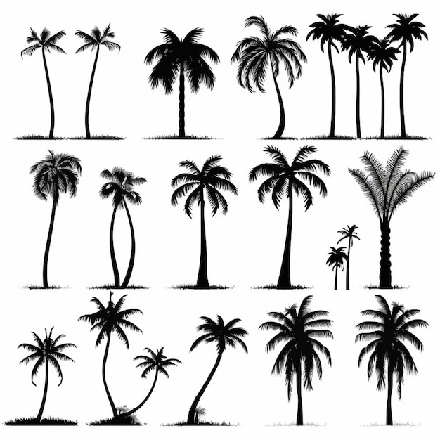 zestaw sylwetek palm na białym tle generatywna ai