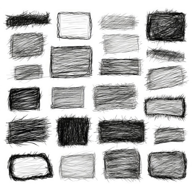 Zestaw szkicowanych ręcznie napisanych czarnych ołówków Doodle tekstury prostokątne Ilustracja ręcznie narysowanych ramek izolowanych na białym tle Generatywna ilustracja AI