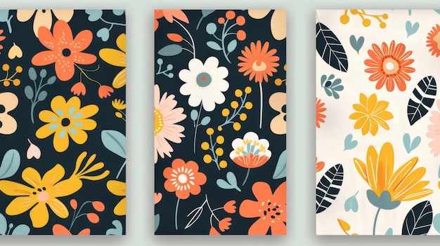 Zestaw trzech bezszwowych abstrakcyjnych kwadratowych wzorów z vintage groovy kwiatami margaret retro kwiatowymi nowoczesnymi tłem dla tekstyliów papierniczych papierów pakowania i okładek w stylu lat 60., 70., 80.