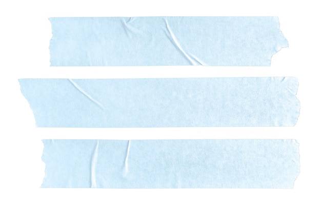Zdjęcie zestaw trzech naklejek taśmy niebieski pusty papier na białym tle. makieta szablonu