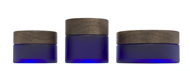 Zestaw trzech niebieskich szklanych słoików z kremem kosmetycznym z drewnianymi pokrywkami Opakowanie produktów kosmetycznych i pielęgnacyjnych oraz brandingowa makieta renderowania 3D