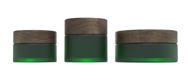 Zestaw trzech zielonych szklanych słoików z kremem kosmetycznym z drewnianymi pokrywkami Opakowanie produktów kosmetycznych i pielęgnacyjnych oraz brandingowa makieta renderowania 3D