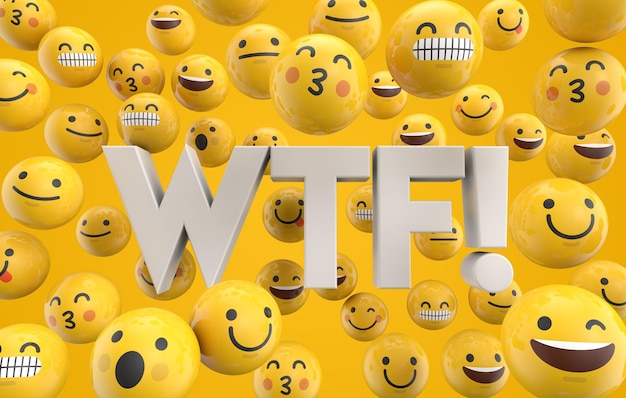 Zestaw twarzy znaków emotikonów emoji ze słowem WTF 3D Rendering