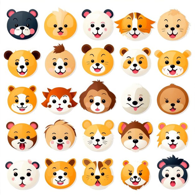Zestaw twarzy zwierząt, naklejki emoji, emotikony, zabawne maskotki, postacie, zestaw twarzy