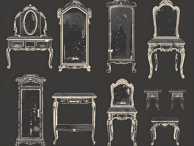 Zestaw Vintage Vanity Tables 16 Bit Pixel z ozdobnym projektem i Di Game Asset Design Concept Art