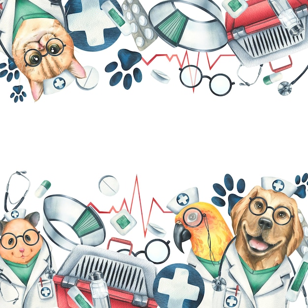 Zestaw weterynaryjny z lekarzami, chomikiem, psem, kotem, papugą, nosicielem dla zwierząt domowych, lekami, ilustracją akwarelową.