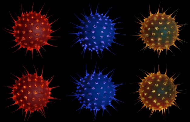 Zestaw wielokolorowych bakterii abstrakcyjnych lub komórek wirusowych w kształcie kulistym z długimi antenami Nowa oficjalna nazwa choroby koronawirusowej o nazwie COVID-19 Rendering 3D