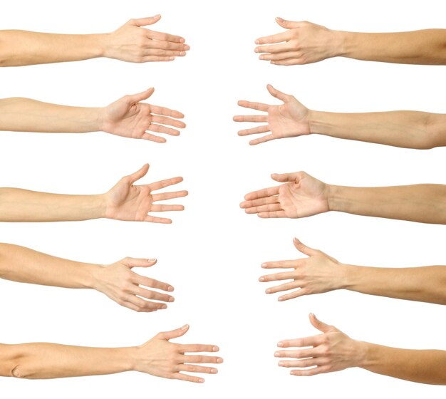 Zdjęcie zestaw wielu obrazów kobiecej kaukazyjskiej ręki z francuskim manicurem pokazującym gestem ręki