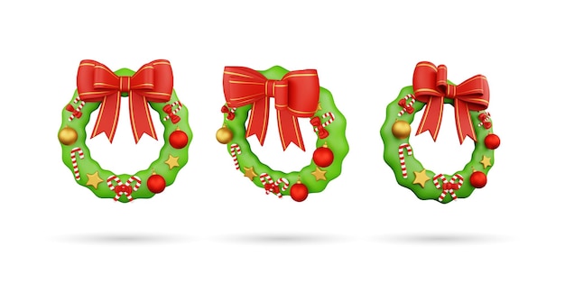 Zdjęcie zestaw wieniec świąteczny 3d ikona wieniec dekoracja 3d ilustracja izolowana na białym tle