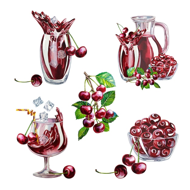 Zestaw wiśni Owoce wiśni i sok wiśniowy w szklance i dzbanku Akwarela ręcznie rysowana ilustracja