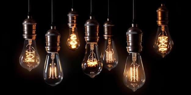 Zestaw wiszących żarówek vintage lamp bulb na ciemnym tle Generative AI