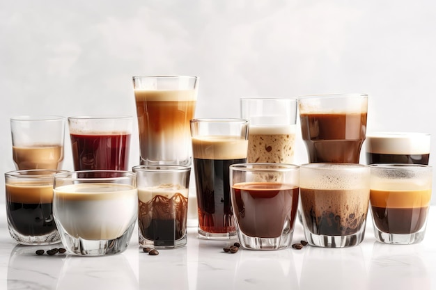 Zdjęcie zestaw z różnymi rodzajami kawy w różnych filiżankach wyczyść na białym tle generatywne ai