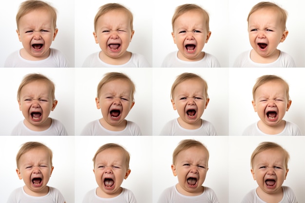 zestaw zdjęć zbliżonych zdjęć uroczego małego chłopca płaczącego i krzyczącego