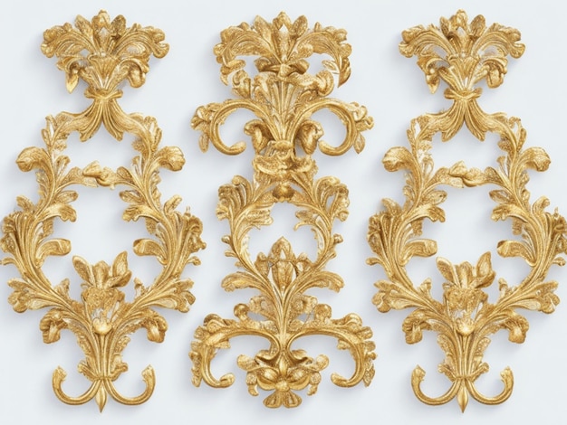Zestaw złotych barokowych ozdób kwiatowych na białym tle