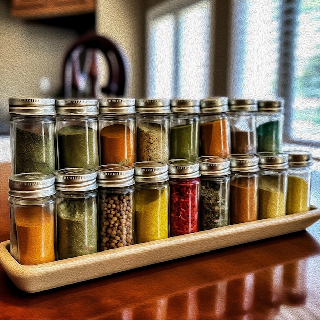 Zestaw zmiażdżonych przypraw i zioł w słoikach na drewnianej półce na stole Tekstura farby olejowej