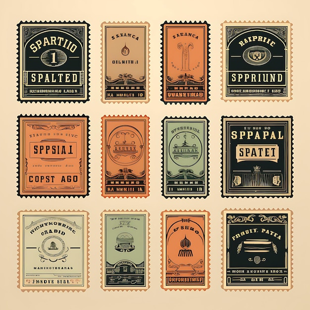 Zdjęcie zestaw znaczków pocztowych projekt 2d z ramką w stylu vintage wektor kreatywnych płaskich kolorowych etykiet