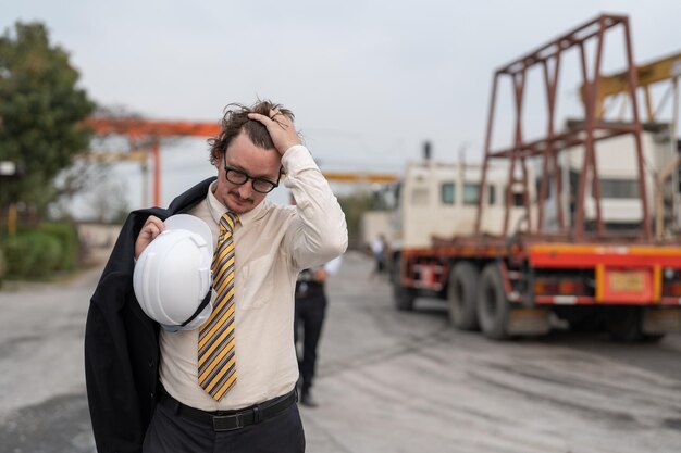Zdjęcie zestresowany biznesmen, właściciel trzymający głowę, ma problemy z biznesem na placu budowy.
