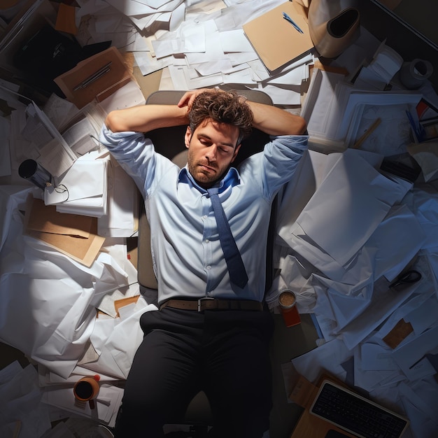 Zestresowany mężczyzna leżący na papierze dokumentowym wygenerowanym przez sztuczną inteligencję
