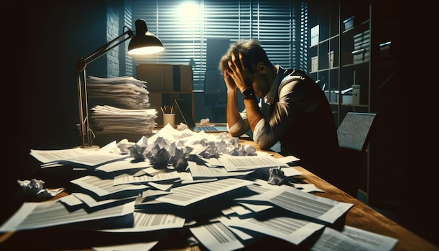 Zestresowany mężczyzna siedzący w słabo oświetlonym biurze, otoczony wysokimi stosami papierów i rozrzuconymi zmarszczonymi papierami