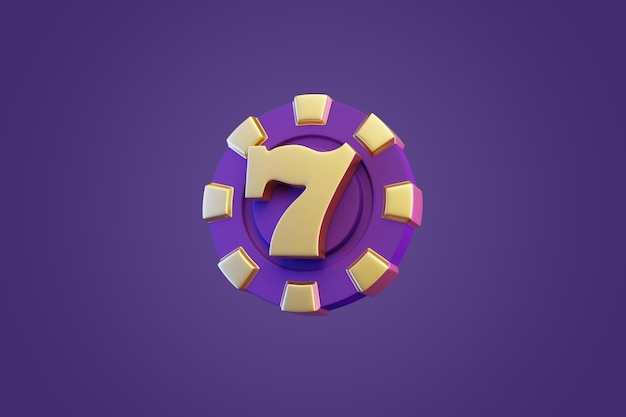 Zdjęcie Żeton do pokera i numer siedem na fioletowym tle ilustracji renderowania 3d