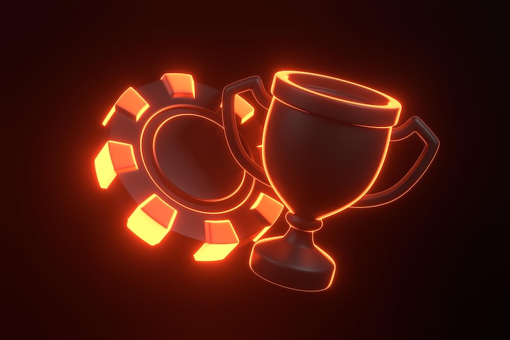 Zdjęcie żetony kasynowe i kubek trofeum z futurystycznymi neonowymi czerwonymi światłami na czarnym tle 3d