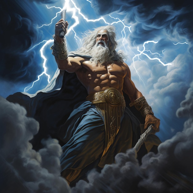 Zeus Trzyma Piorun Na Szczycie Olimpu Ai Wygenerował Sztukę