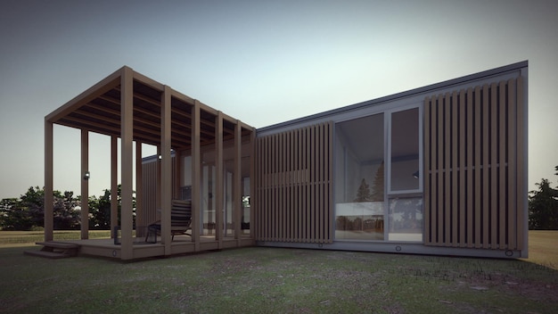 zewnętrzna część nowoczesnego małego domu z drewnem na tarasie i elewacji ilustracja 3d