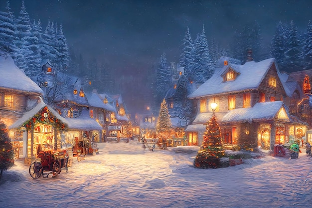 Zewnętrzna scena bożonarodzeniowa ilustracja bożonarodzeniowego domu ze śnieżnym zimowym krajobrazem w wiosce