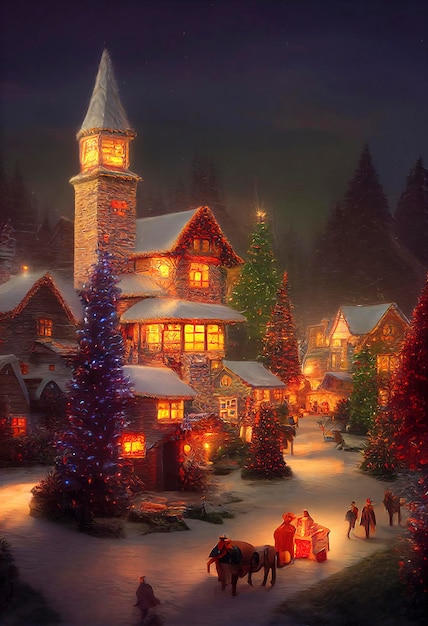 Zdjęcie zewnętrzna scena bożonarodzeniowa ilustracja bożonarodzeniowego domu ze śnieżnym zimowym krajobrazem w wiosce