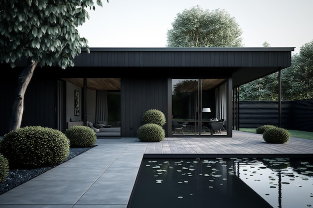 Zewnętrzny wizerunek stylowego nowoczesnego domu z dużymi oknami z ogrodem Generative AI