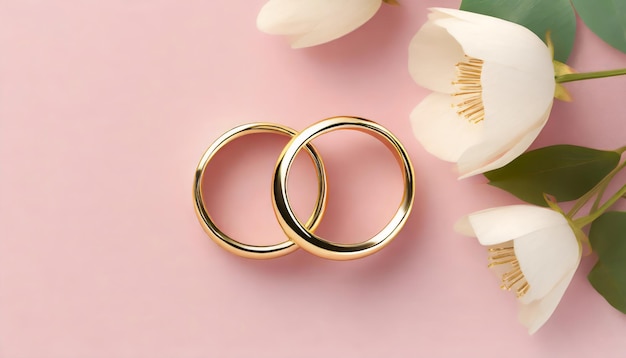 Zgórny widok klasycznych złotych pierścieni zaręczynowych na różowym tle
