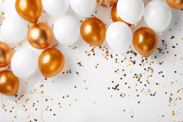 Zgórny widok uroczystego układu z białymi i złotymi balonami, konfetti i urodzinami