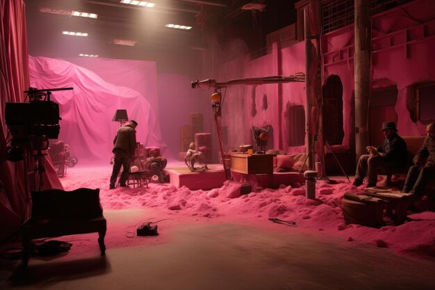 Zgromadzenie osób w pomieszczeniu oświetlonym żywymi różowymi światłami Różowy zestaw filmowy Kręcenie filmowe AI generowane
