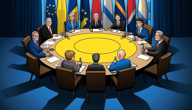 Zdjęcie zgromadzenie siedmiu prezydentów wokół okrągłego stołu onz