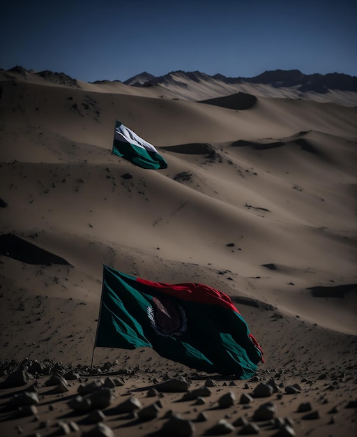 Zgromadzona w tej samej ramie Flaga Narodowa Afganistanu pośród pustynnego krajobrazu
