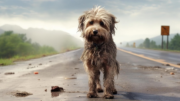 Zgubiony brudny, smutny pies na drodze. Zdjęcie wysokiej jakości.