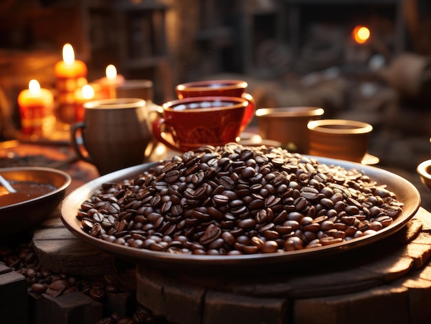 Ziarna kawy i filiżanka kawy, która została tradycyjnie przetworzona ze świeżo zebranych
